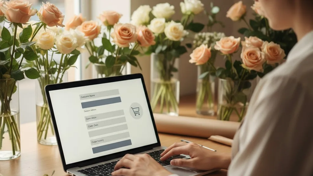 A florist's hands typing on a laptop, using flower shop software to manage customer orders.