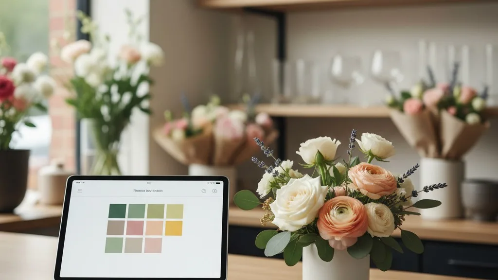 A tablet running point-of-sale software on a clean wooden counter in a flower shop.