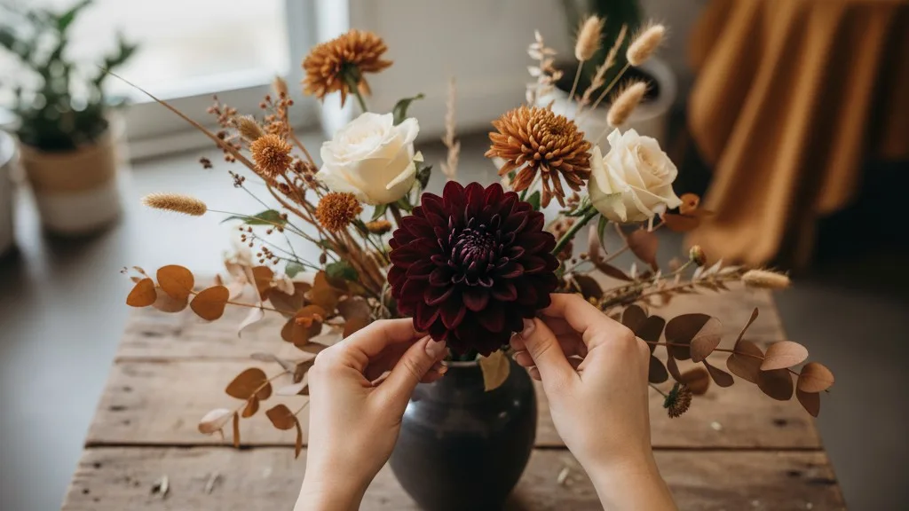 A florist's hands arranging a dramatic fall bouquet with dark, moody flowers.