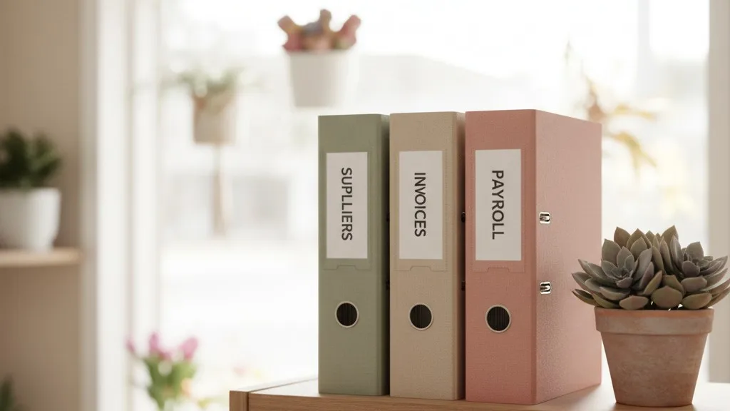 Office shelf with neatly labeled binders for flower shop accounting.
