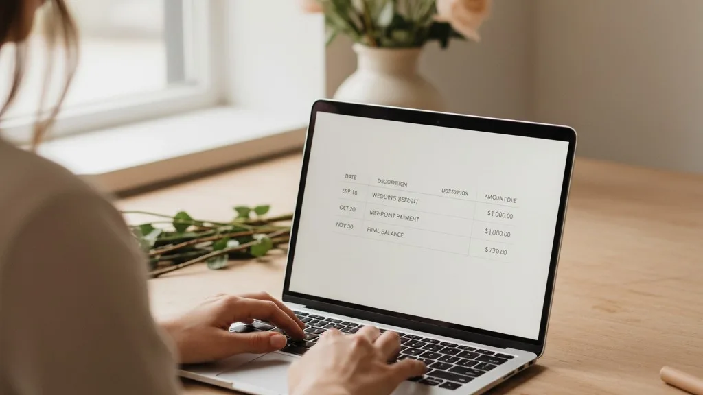 Florist's hands on a laptop keyboard, with a wedding payment schedule visible on the screen.