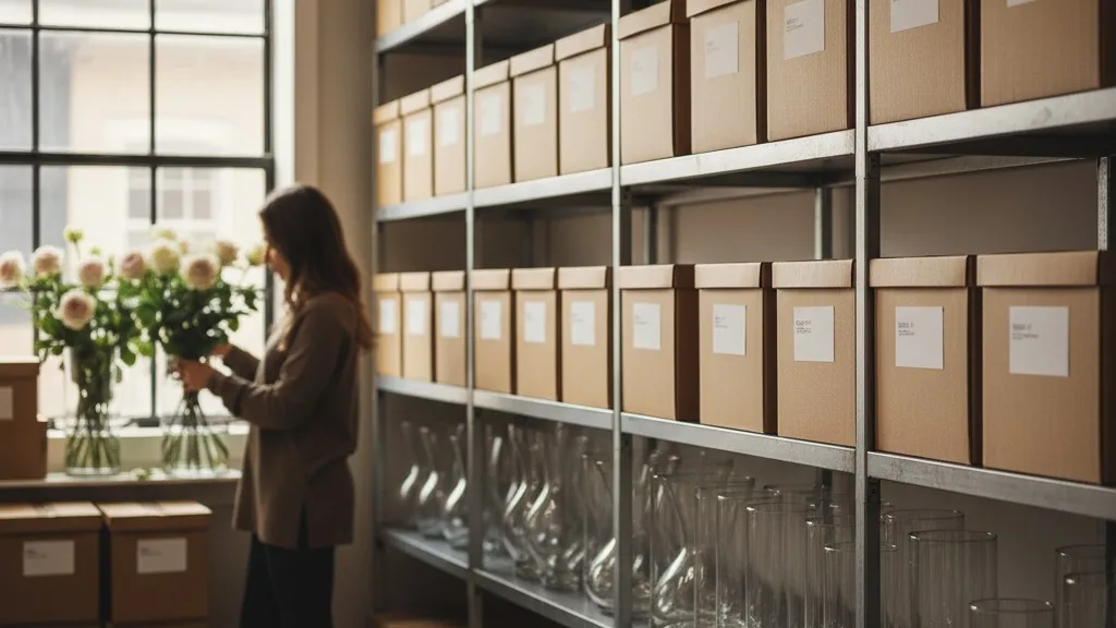 Shelves in a flower shop stockroom neatly organized with boxes and stacks of floral vases.