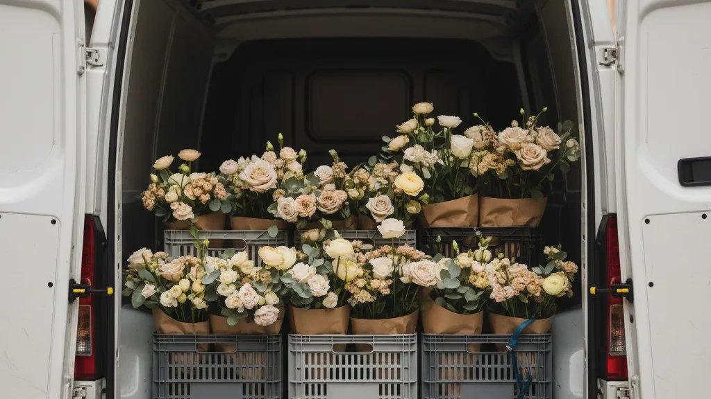 Flower arrangements securely loaded inside a delivery van.