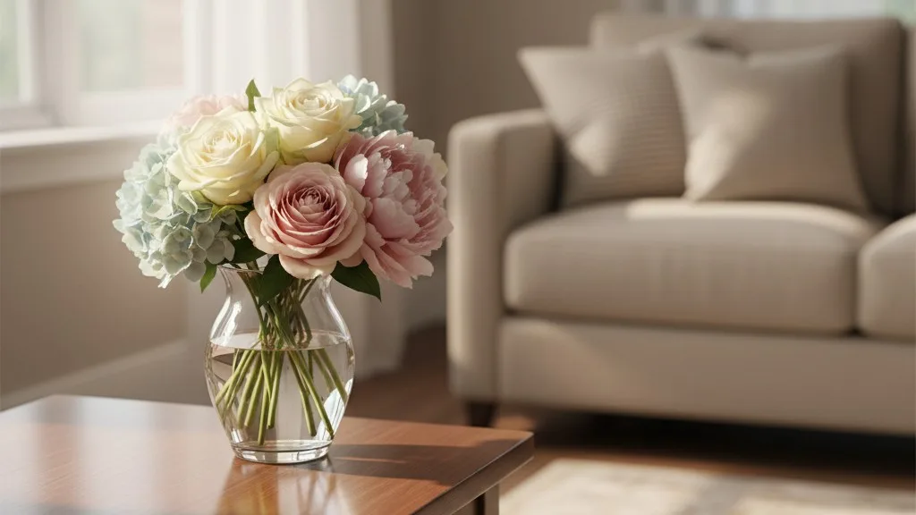 A glass vase of soft-colored sympathy flowers on a table in a home.