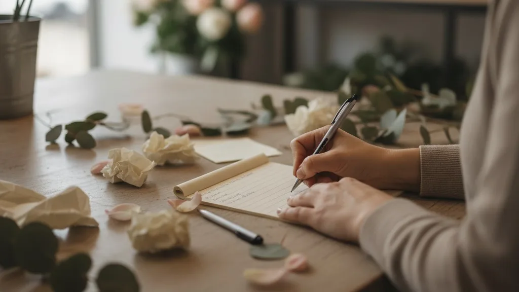 Florist's hands writing an order on a paper pad surrounded by clutter.