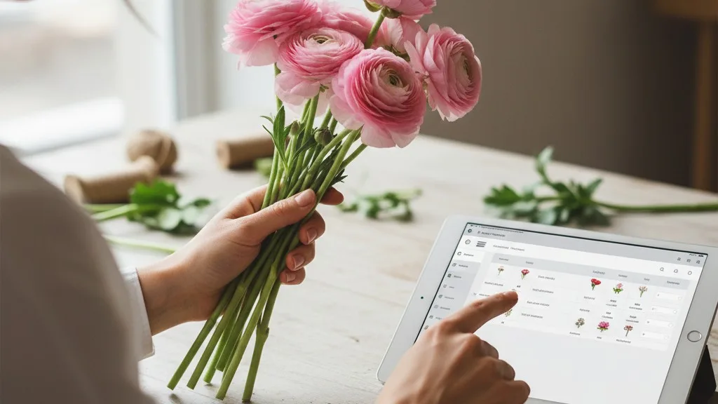 Florist's hands counting pink ranunculus stems on a workbench, with an inventory list visible on a tablet.