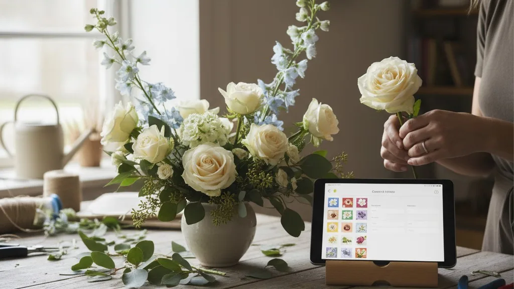 A floral designer references an order on a tablet while working on an arrangement.
