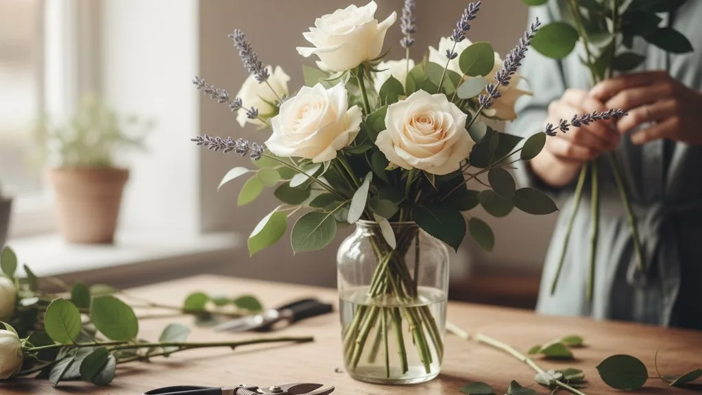 A messy florist workbench showing a work-in-progress arrangement and tools.
