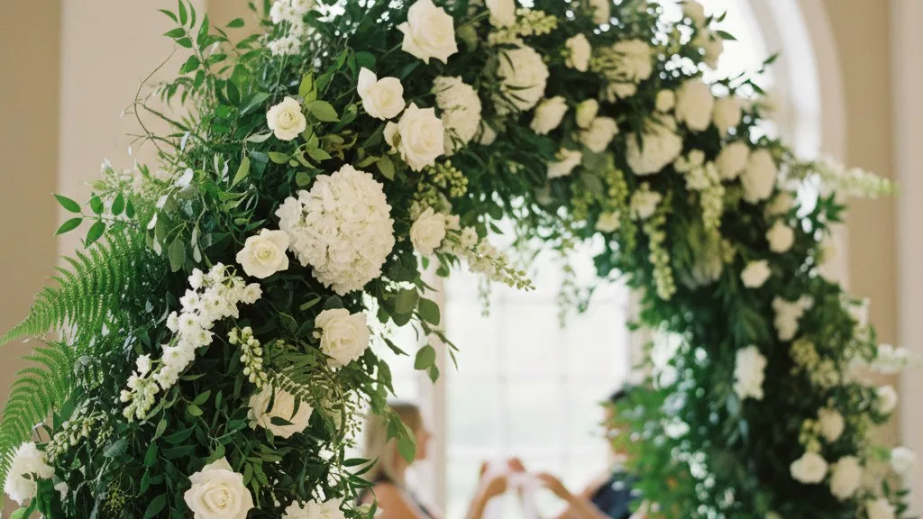 A lush wedding ceremony arch with a base of greenery and accents of white roses and hydrangeas.