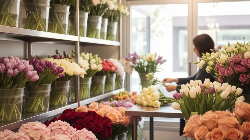 Walk-in cooler at a flower shop, filled with organized buckets of fresh flowers.
