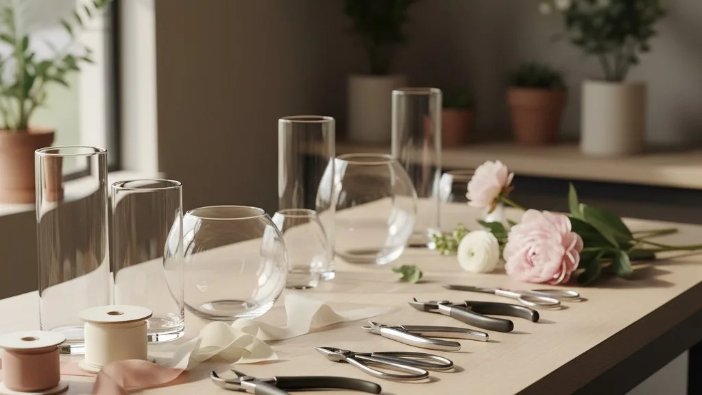 An organized floral design station with tools, ribbons, and vases.