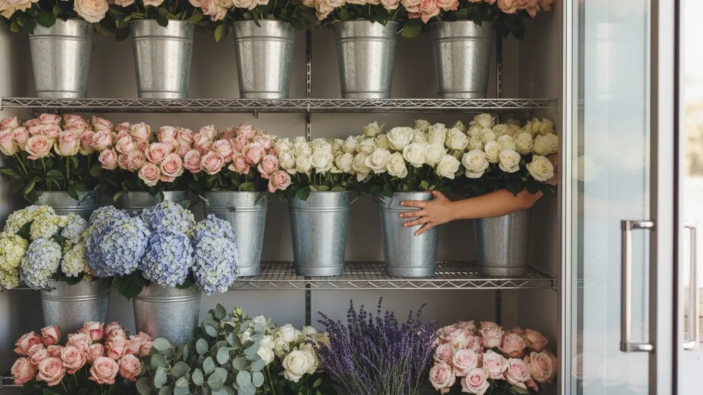 A well-organized walk-in cooler at a flower shop, filled with buckets of fresh flowers.