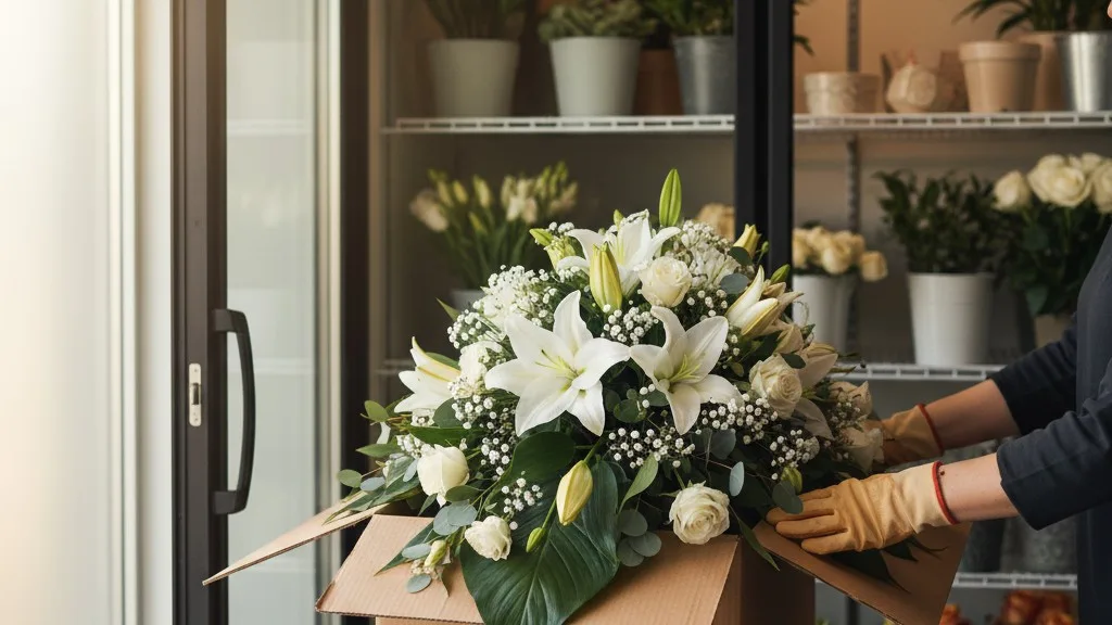 A florist carefully places a finished white casket spray into a delivery box inside a walk-in cooler.