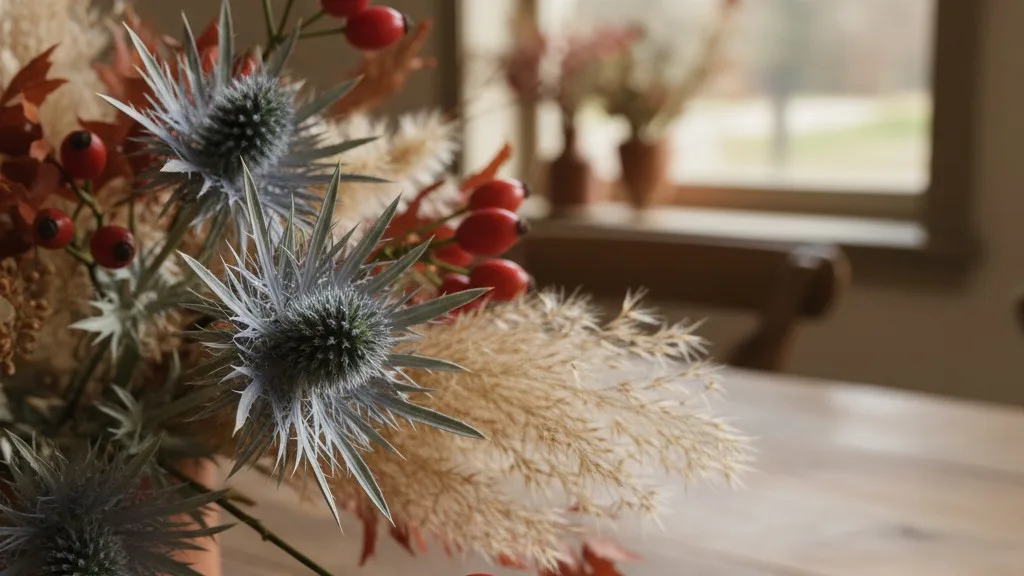 A close-up of a fall floral arrangement highlighting diverse textures like berries and grasses.