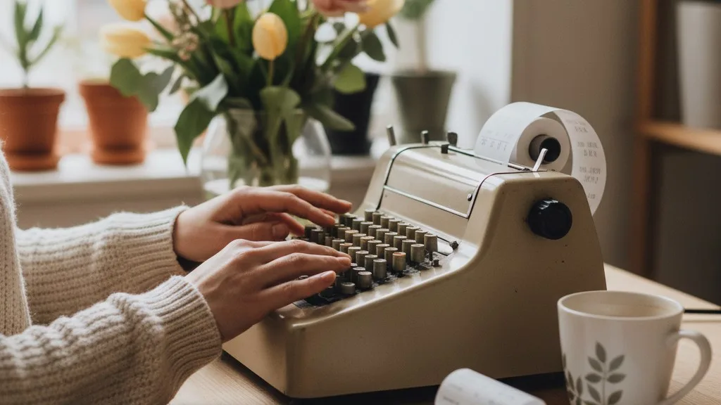 A florist's hands using an adding machine next to a pile of receipts.