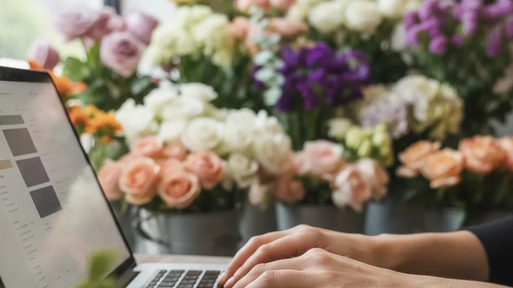 Florist's hands typing on a keyboard, with buckets of flowers blurred in the background.