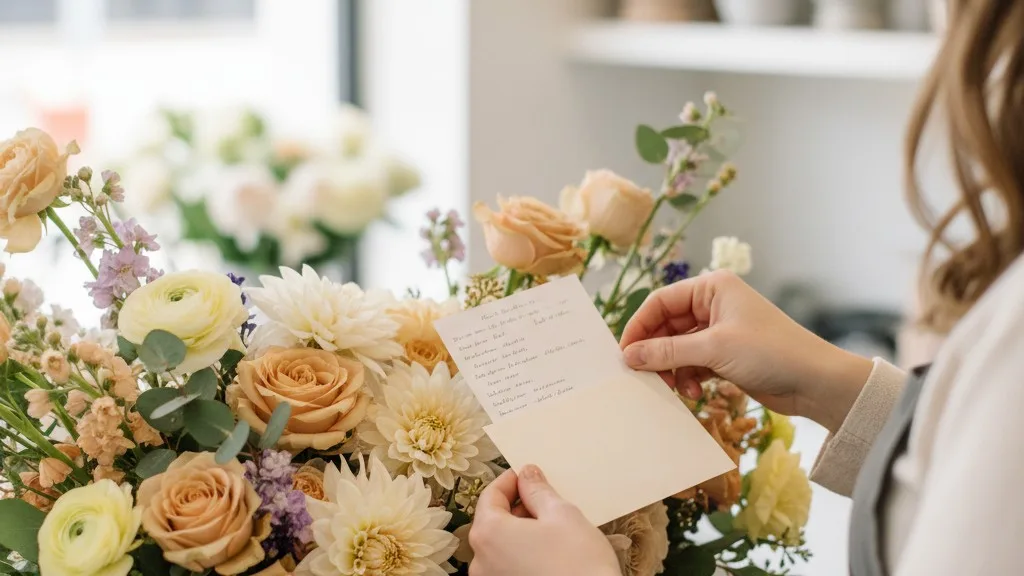 Hands matching a delivery ticket to a flower arrangement.
