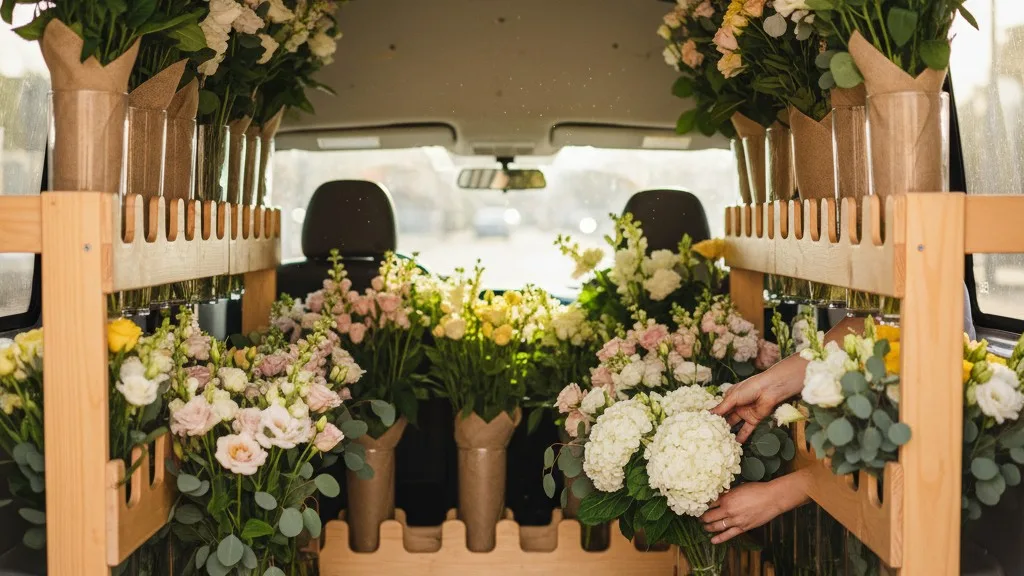 The interior of a florist delivery van with custom racks holding large floral centerpieces securely.
