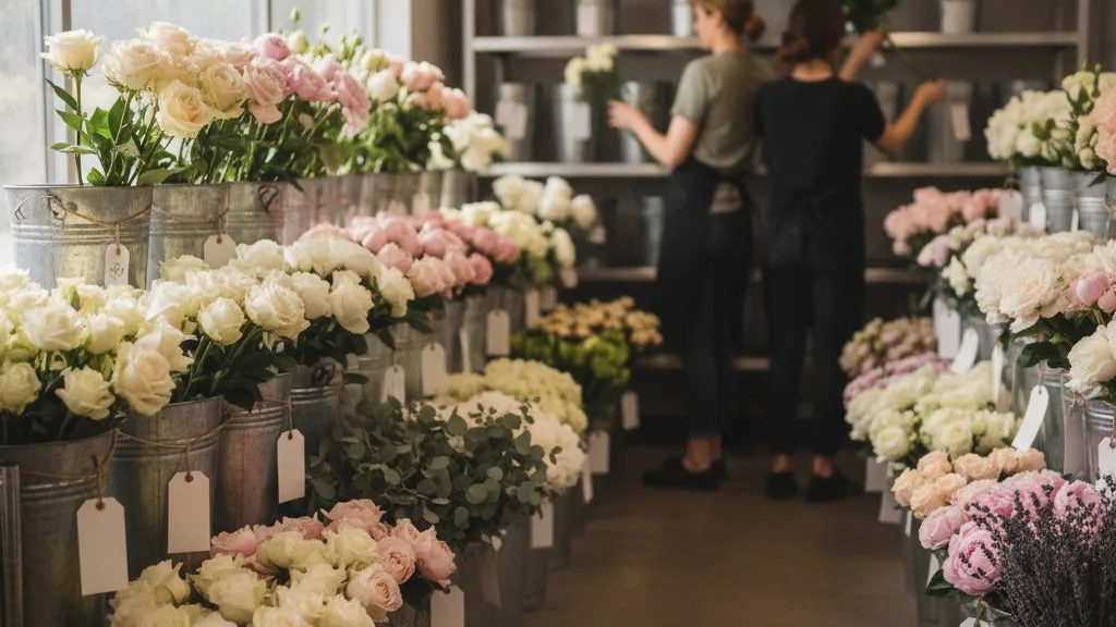 Buckets of flowers for a wedding, organized and labeled by type inside a walk-in floral cooler.