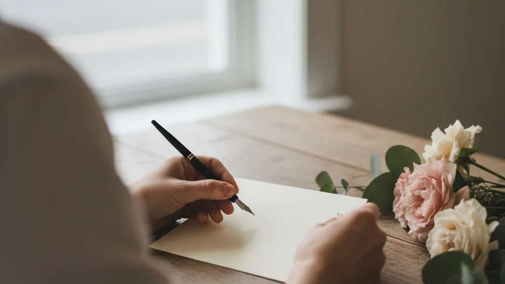 Hands of a florist writing a sympathy message on a small card.