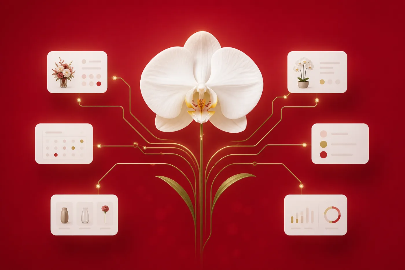 Diagram: an orchid at the centre with gold traces branching out to six screens — a product grid, a calendar, a delivery list, a catalogue, a task list, and a sales chart.