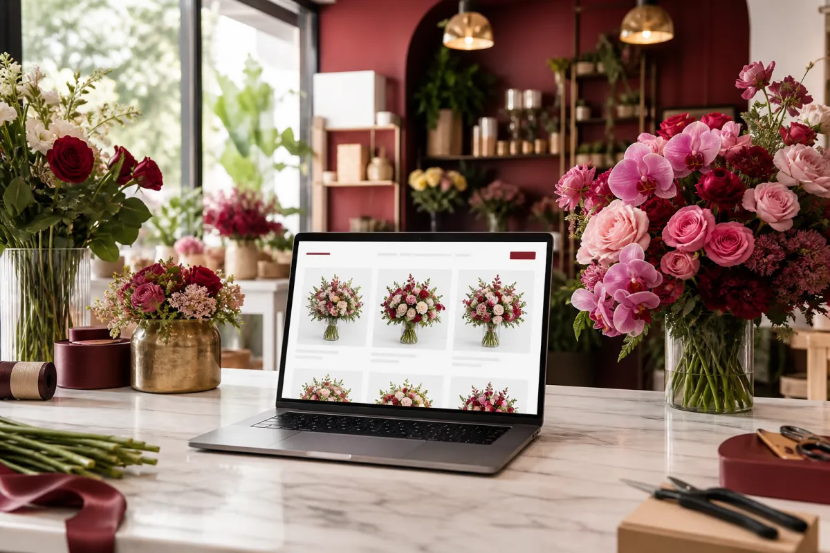 A laptop on a florist's marble workbench showing an Orkyd storefront page of bouquets for sale, surrounded by arrangements and ribbon.