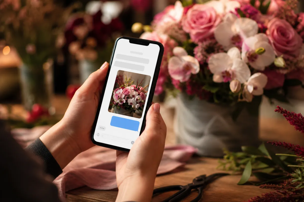 A florist holding a phone, texting a customer a photo of the finished pink and white arrangement standing on the bench behind it.