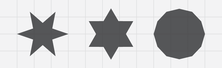 3 examples of stars: 1 regular star, 2. thick star, 3. decagon (10 sided polygon)