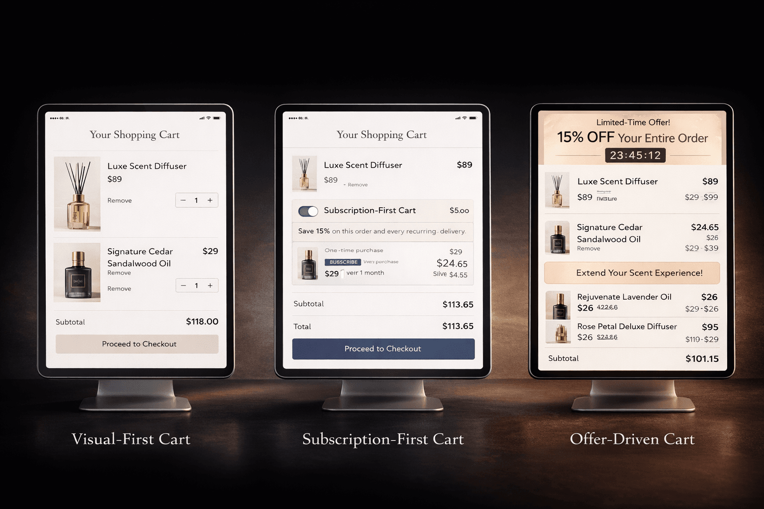 Three custom Rebuy cart layouts: visual-first, subscription-first, and offer-driven designs