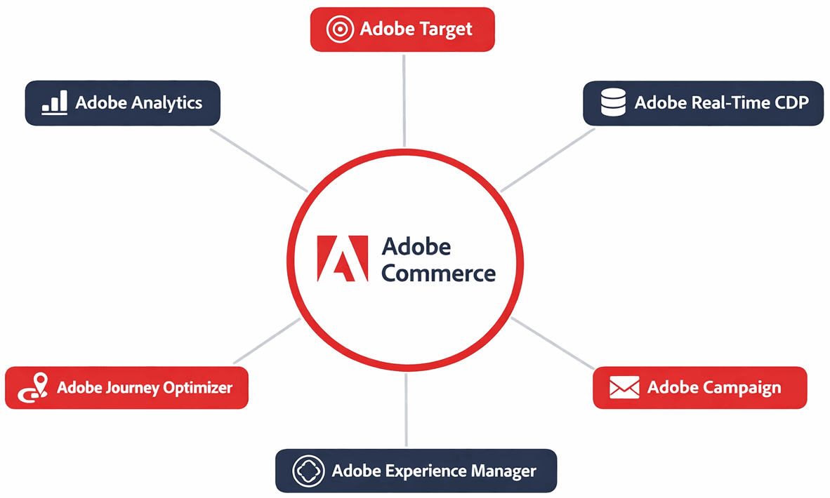 Adobe Commerce integration with Adobe Experience Cloud — Analytics, Target, CDP, AEM, and Journey Optimizer