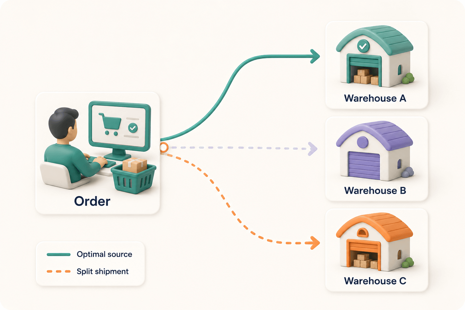 Adobe Commerce Multi-Source Inventory routing an order to the nearest in-stock warehouse, with a split shipment across two warehouses when one runs short