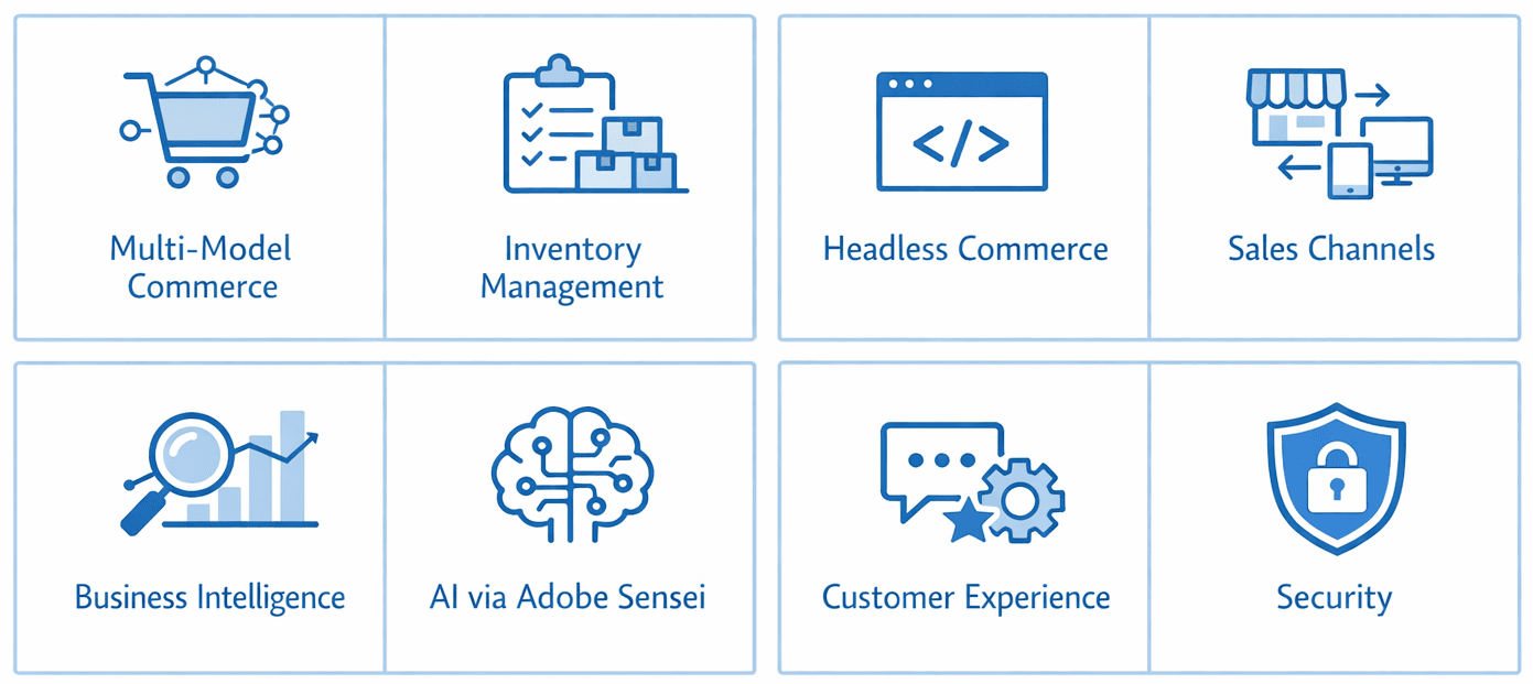 Adobe Commerce top 8 features — multi-model commerce, inventory, headless, AI, security and more