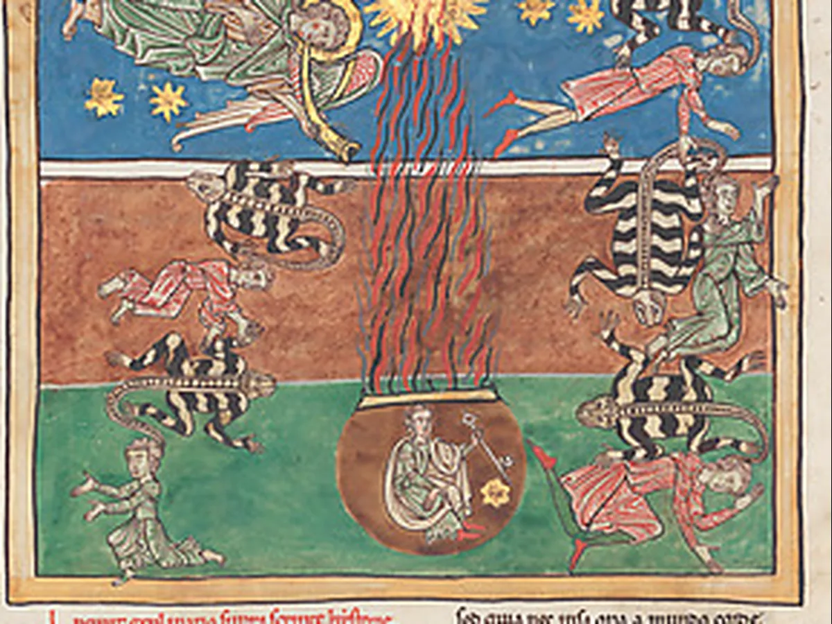 Leaf from a Beatus Manuscript: at the Clarion of the Fifth Angel's Trumpet, a Star Falls from the Sky; the Bottomless Pit is Opened with a Key; Emerging from the Smoke, Locusts Come Upon the Earth and Torment the Deathless