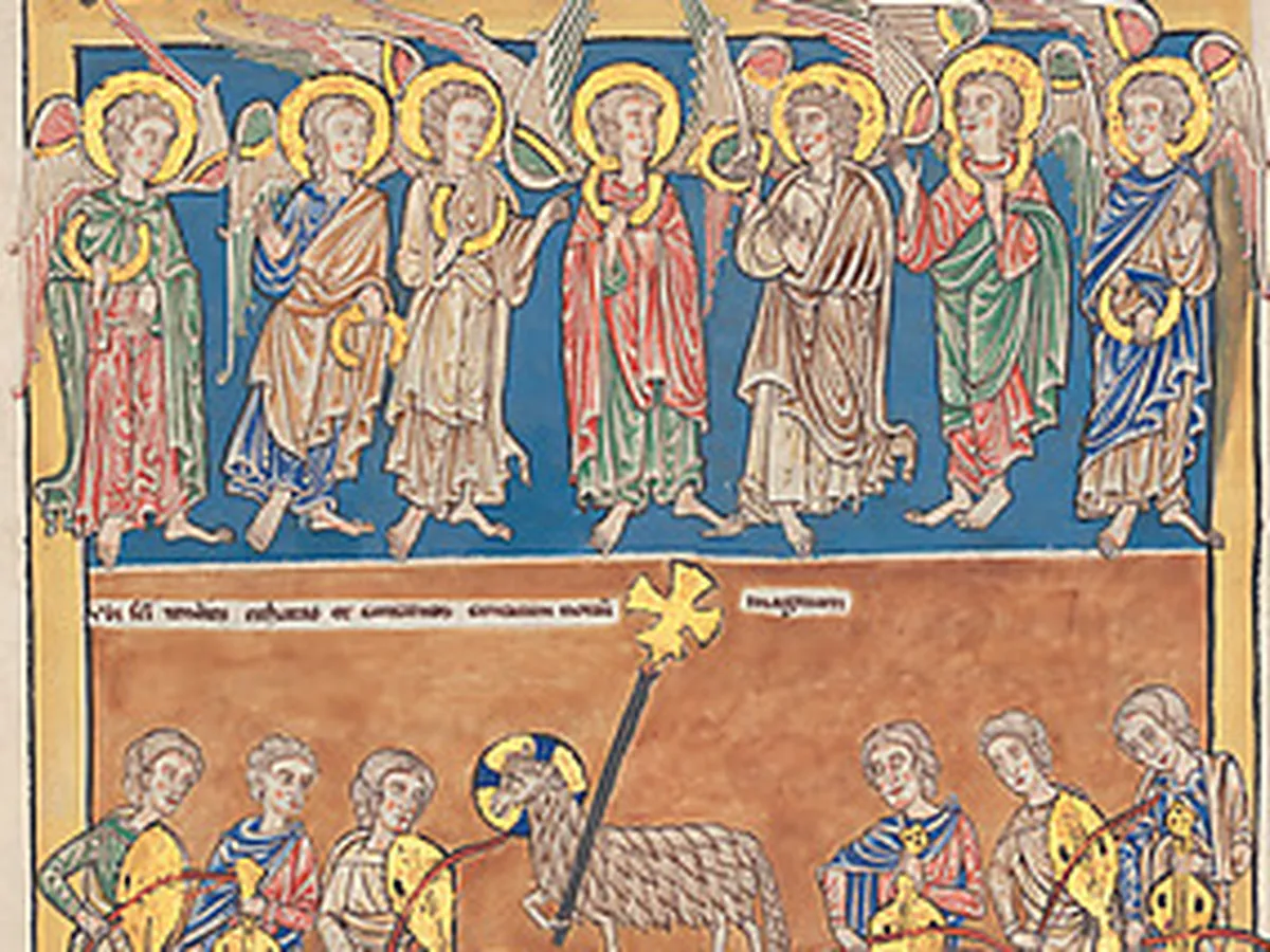 Leaf from a Beatus Manuscript: Seven Angels Hold the Cups of the Seven Last Plagues; The Hymn of the Lamb