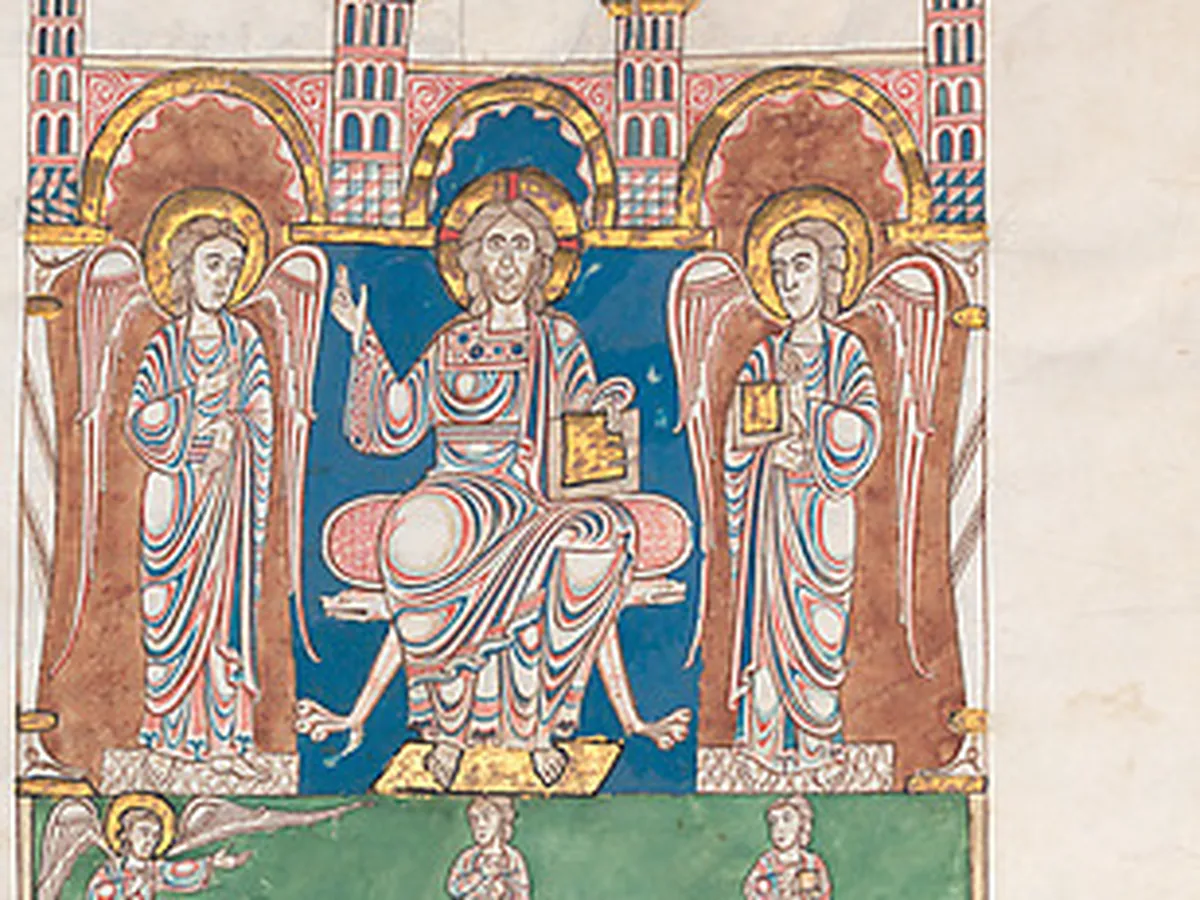 Leaf from a Beatus Manuscript: Christ in Majesty with Angels and the Angel of God Directs Saint John to Write the Book of Revelation