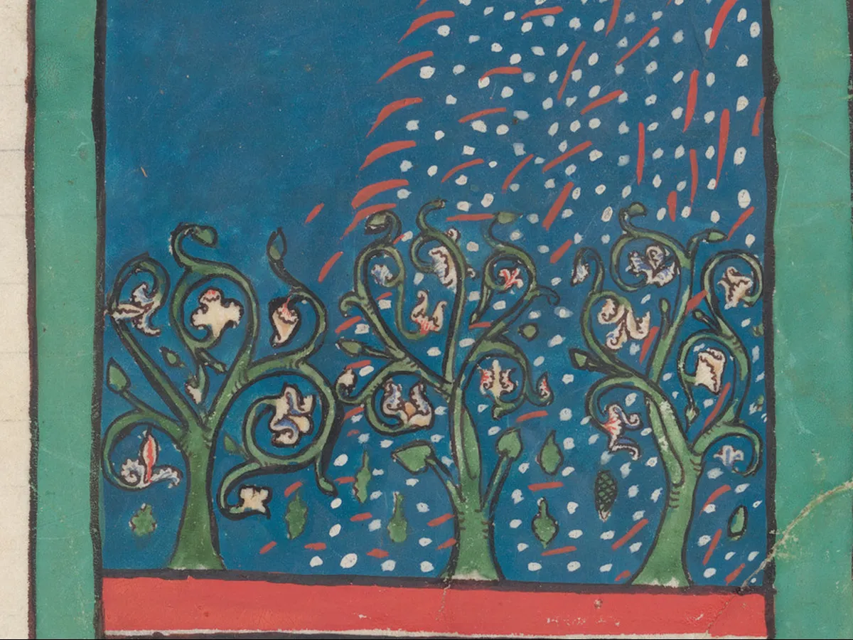 Leaf from a Beatus Manuscript: the First Angel Sounds the Trumpet; Fire, Hail-stones, and Blood are Cast Upon the Earth