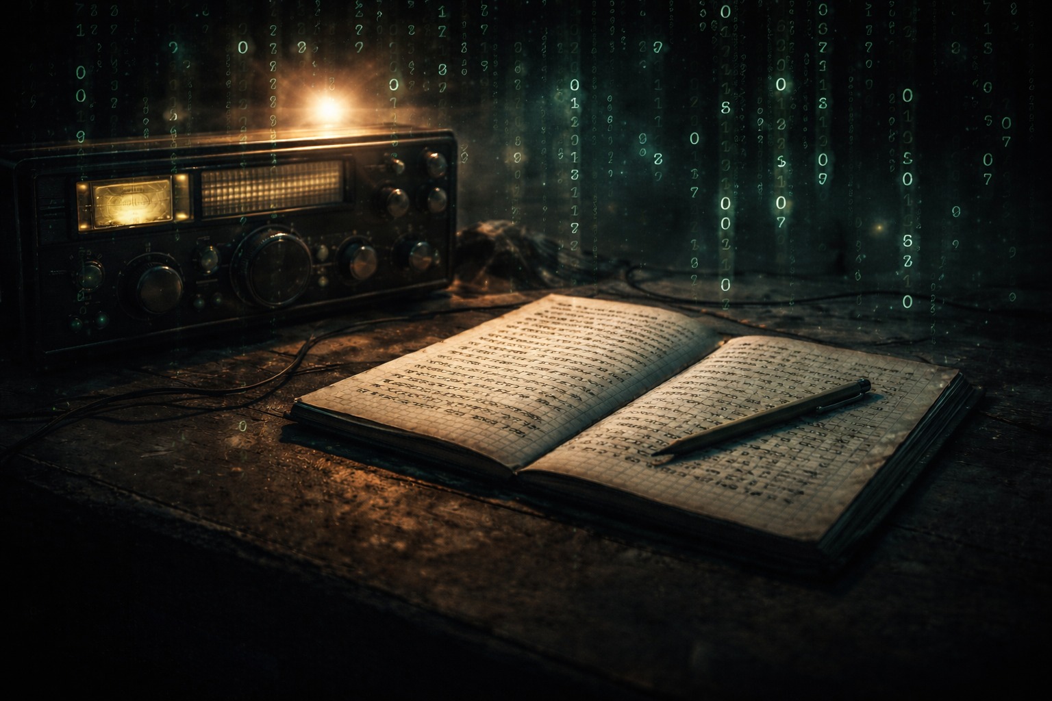 Radio a onde corte e quaderno con sequenze numeriche, evocazione del cifrario perfetto, crittografia e mistero delle comunicazioni segrete.