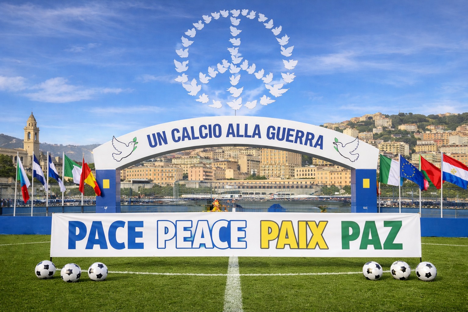 Campo sportivo a Genova con arco 'Un Calcio alla Guerra' e striscione 'PACE PEACE PAIX PAZ', simbolo di pace, dialogo e sport senza presenza di persone