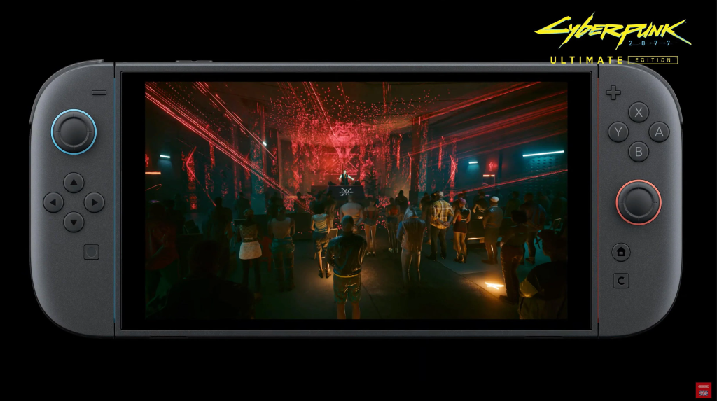 Na imagem, um Nintendo Switch 2 mostrando o jogo Cyberpunk 2077 Ultimate Edition.