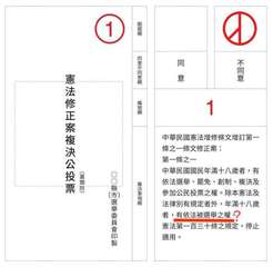 同意不同意欄
複決事項欄
〇〇縣市選舉委員會印製
編號欄
同意
1
①
不同意
⋯⋯