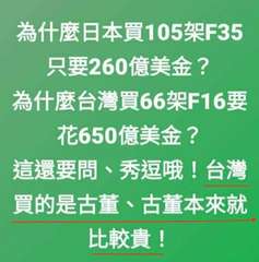 為什麼日本買105架F35
只要260億美金?
為什麼台灣買66架F16要
花6⋯⋯