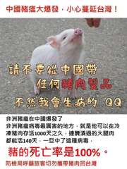 中國豬瘟大爆發,小心蔓延台灣!
請不要從中國帶
任何豬肉製品
不然我會生病的 Q⋯⋯