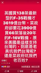 英國買138架最新
型的F-35戰機才
3619億台幣。菜政
府卻要花3900億⋯⋯