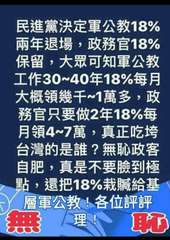 民進黨決定軍公教18%
兩年退場,政務官18%
保留,大眾可知軍公教
工作30~⋯⋯