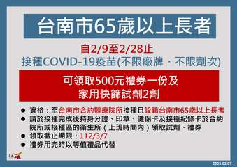 臺南
TAINAN
台南市65歲以上長者
自2/9至2/28止
接種COVID-⋯⋯