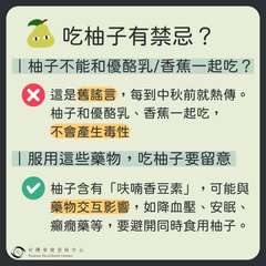 ..吃柚子有禁忌?
「柚子不能和優酪乳/香蕉一起吃?
X 這是舊謠言,每到中秋前⋯⋯