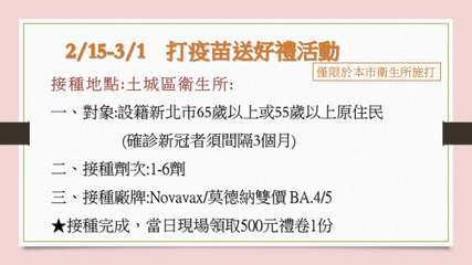 2/15-3/1 打疫苗送好禮活動
接種地點:土城區衛生所:
、對象:設籍新北市⋯⋯