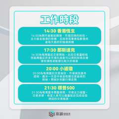 工作時段
14:30 香港恆生
14:00為開市後擺脫競價,市場回穩的時段。
主⋯⋯