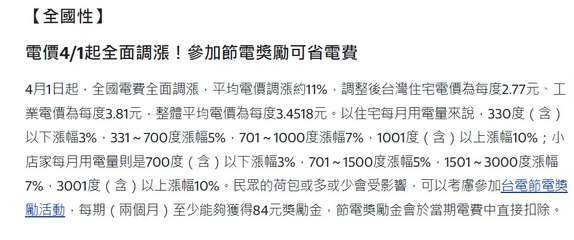 【全國性】
電價4/1起全面調漲!參加節電獎勵可省電費
4月1日起,全國電費全面⋯⋯