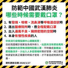 防範中國武漢肺炎
哪些時候需要戴口罩?
1. 有發燒、咳嗽、流鼻涕等呼吸道症狀時⋯⋯